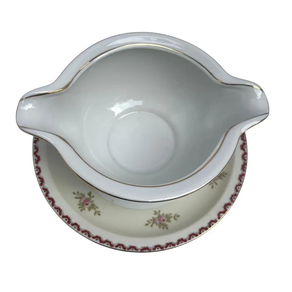 Vintage Occupied Japan Gravy Boat Attached Plate Hand Painted Double Pour
